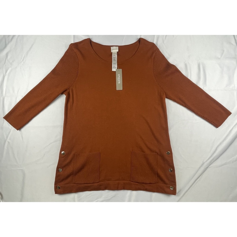 CHICOS SCOOP NECK 3/4 SLEEVE 2 FRONT PATCH POCKETS SIZE 1 RUST BURNT‎ ORANGE